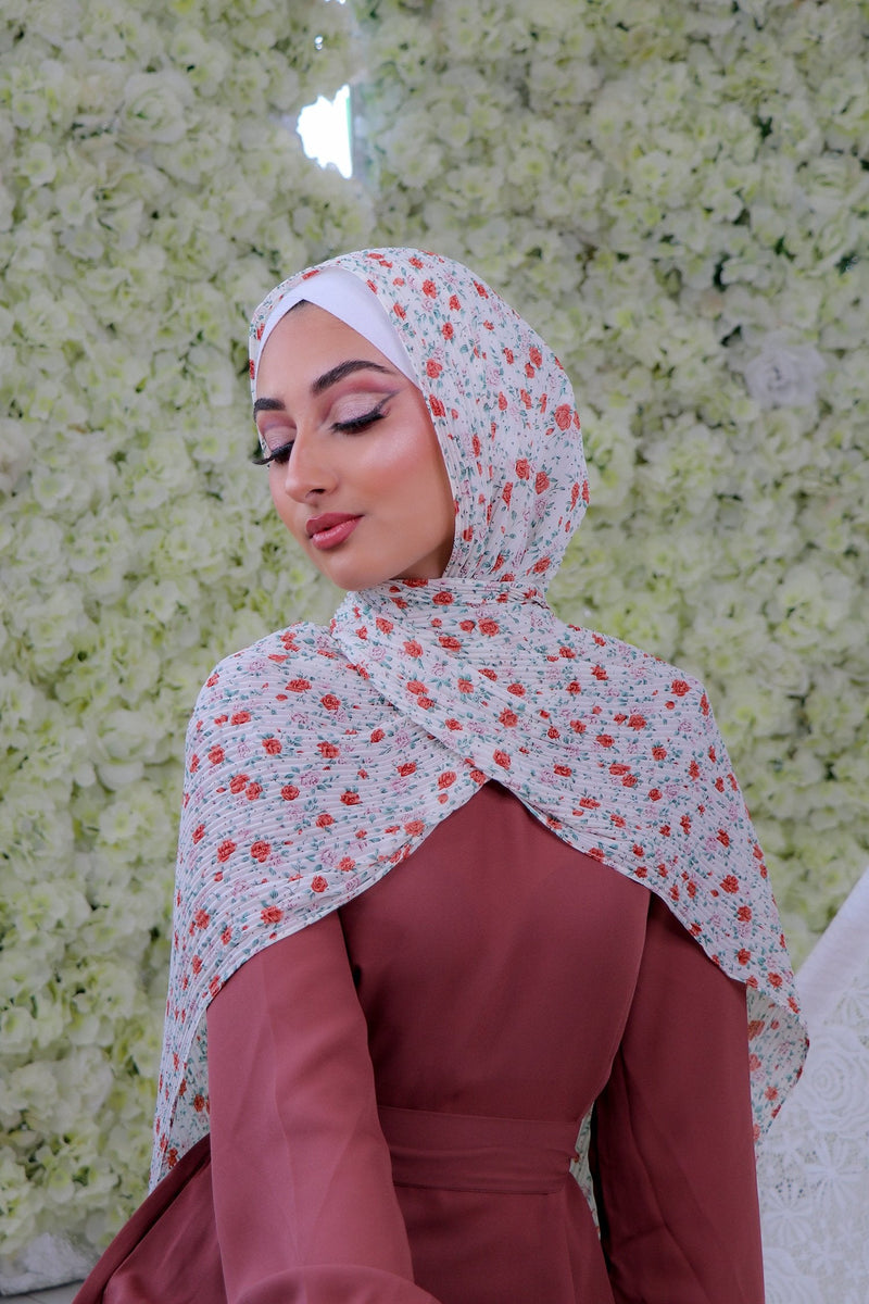 Floral Crinkled Scarf- White