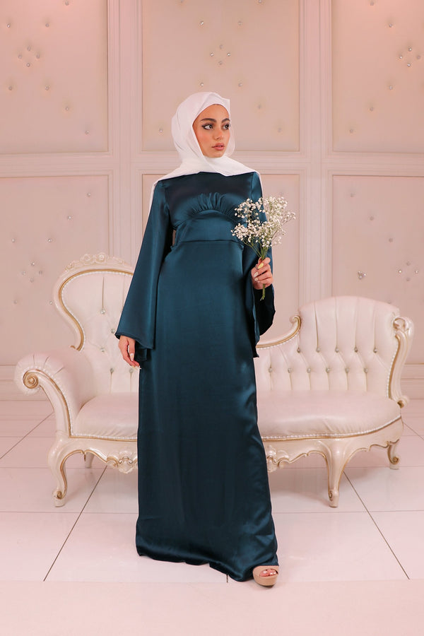 LaMeera Drape Sleeves Satin Dress - Dark Teal