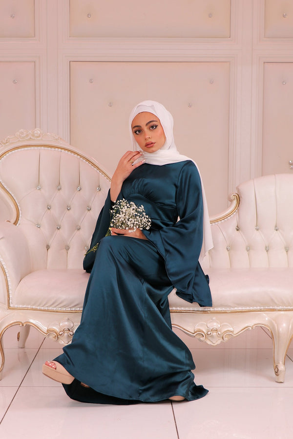 LaMeera Drape Sleeves Satin Dress - Dark Teal