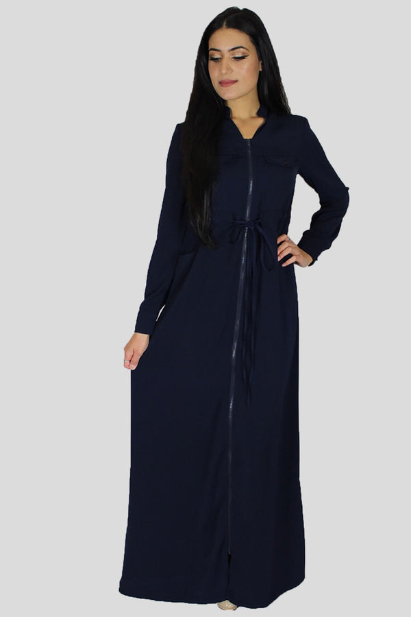 Navy Blue Zipper-Down Maxi Dress (696820531257)