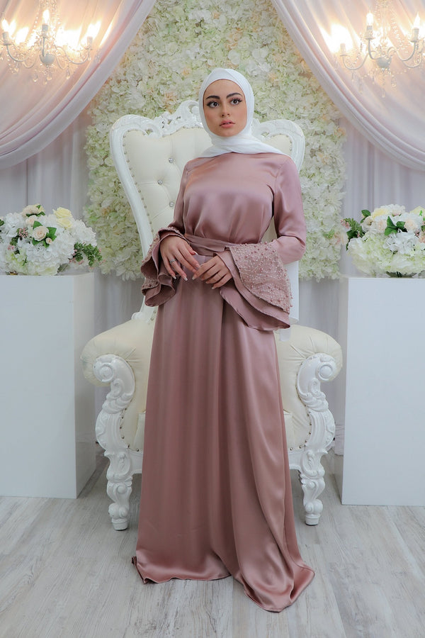 Ella VIP Luxury Pearl Satin Dress- Dusty Rose