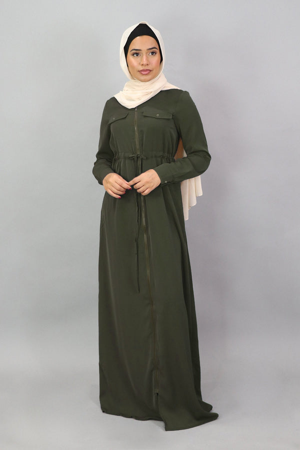 Army Green Deluxe Soft Zipper-Down Maxi Dress