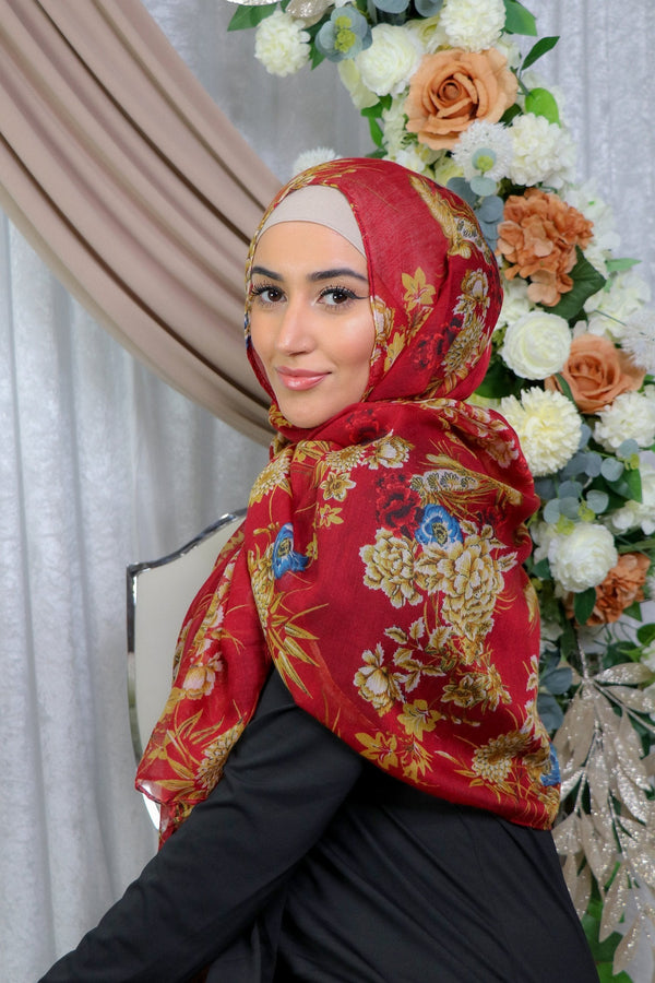 Red & Tan Floral Cotton Scarf