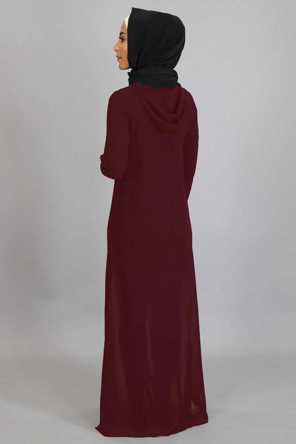 Mahogany Chiffon Hooded Abaya Buttoned-Down Cardigan Dress (2455273668665)