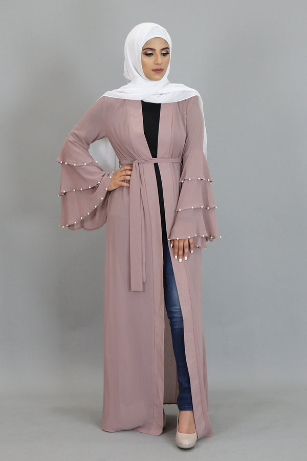 Rose Pink Chiffon Pearls Abaya Cardigan Dress (2346724753465)