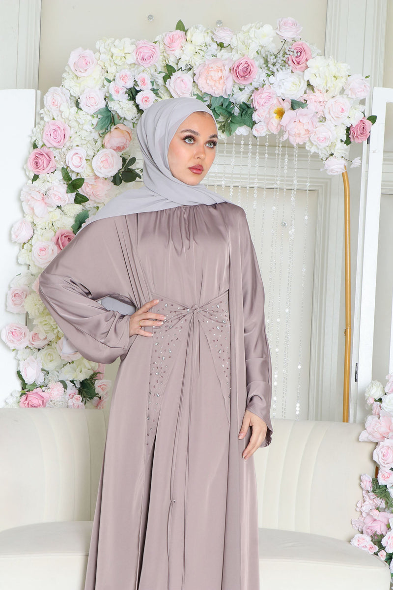 Aurora Beaded Tie Abaya Set- Dark Lavendar