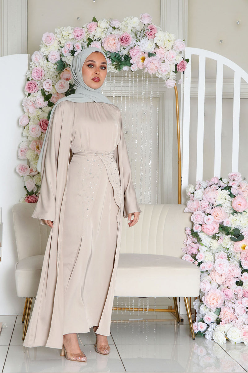Aurora Beaded Tie Abaya Set- Beige