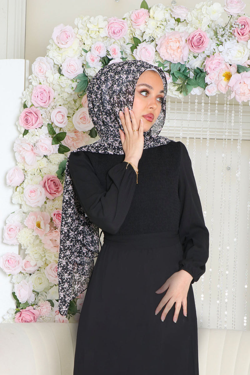 Raven Shirred Chiffon Dress- Black
