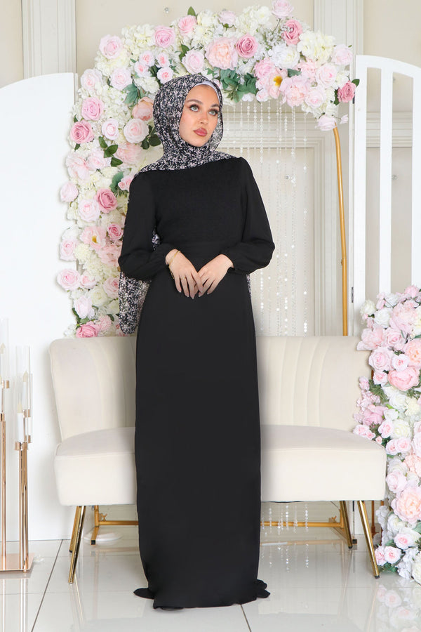 Raven Shirred Chiffon Dress- Black