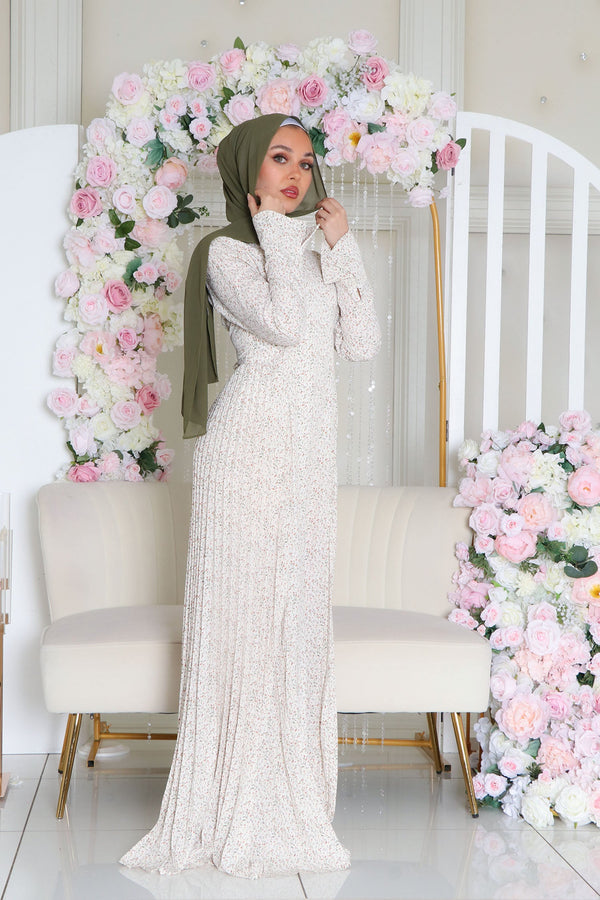 Kelsi Floral Pleat Dress- Cream