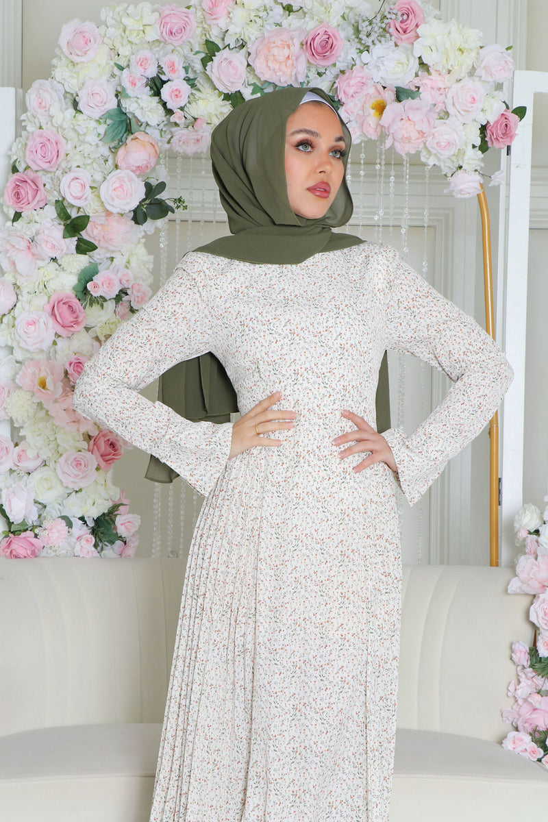 Kelsi Floral Pleat Dress- Cream