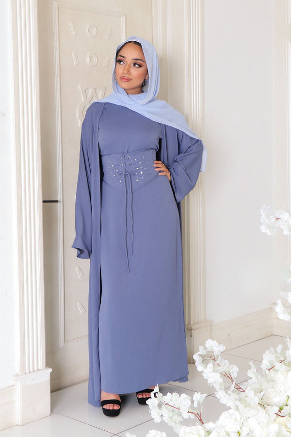 Elmas Corset Abaya Set- Dusty Blue
