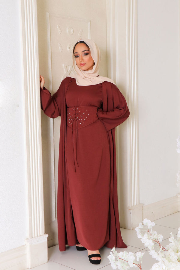 Elmas Corset Abaya Set- Burnt Sienna