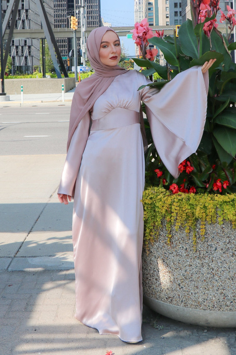 LaMeera Drape Sleeves Satin Dress - Blush Pink